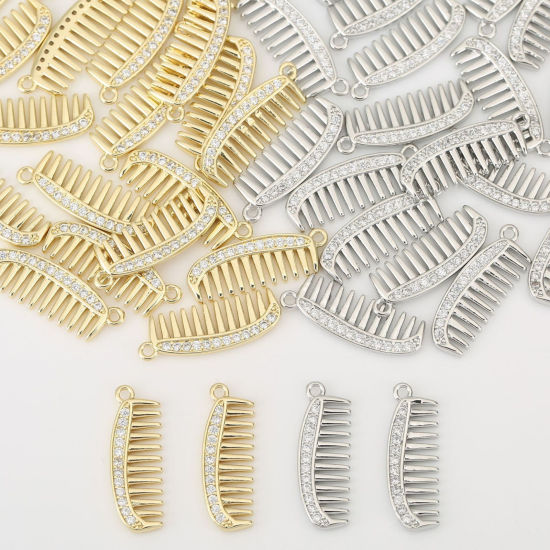 Image de 2 Pcs Breloques En Gros Respectueux de la Nature en Laiton Plaqué Or Véritable Peigne 3D à Zircone Cubique Clair 26mm x 9mm