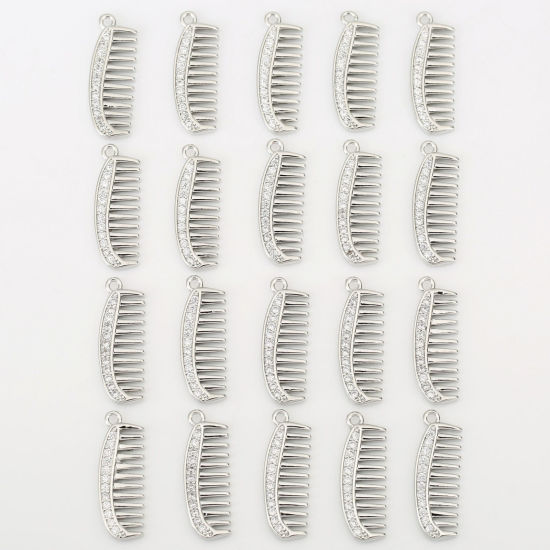 Image de 2 Pcs Breloques En Gros Respectueux de la Nature en Laiton Plaqué Or Véritable Peigne 3D à Zircone Cubique Clair 26mm x 9mm