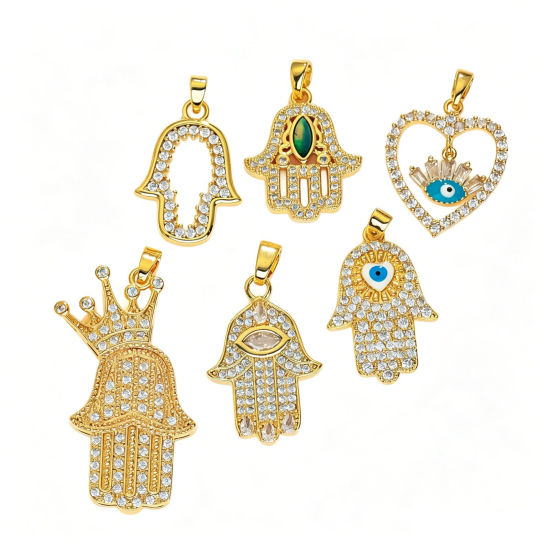 Image de 2 Pcs Pendentifs En Gros Religieux en Laiton Plaqué Or 18K Khamsa Symbole Paume Micro Pave à Zircone Cubique Clair