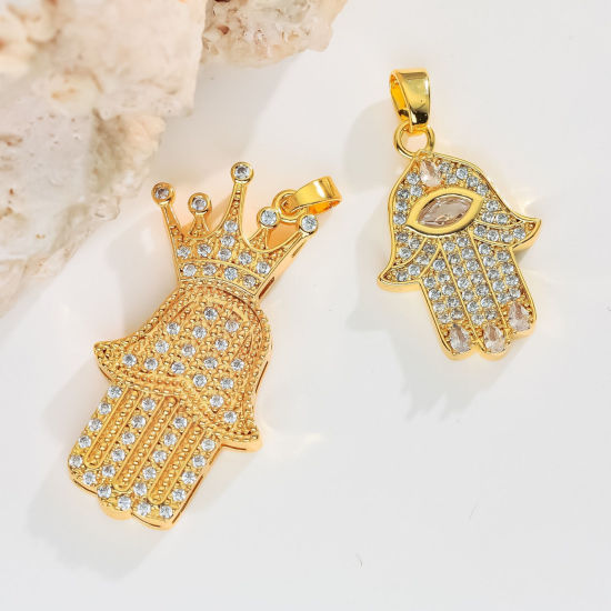 Image de 2 Pcs Pendentifs En Gros Religieux en Laiton Plaqué Or 18K Khamsa Symbole Paume Micro Pave à Zircone Cubique Clair