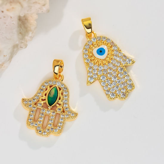 Image de 2 Pcs Pendentifs En Gros Religieux en Laiton Plaqué Or 18K Khamsa Symbole Paume Micro Pave à Zircone Cubique Clair