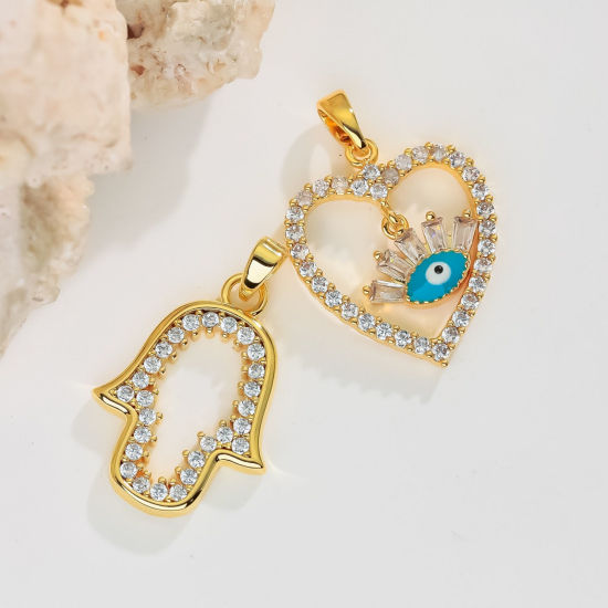 Image de 2 Pcs Pendentifs En Gros Religieux en Laiton Plaqué Or 18K Khamsa Symbole Paume Micro Pave à Zircone Cubique Clair