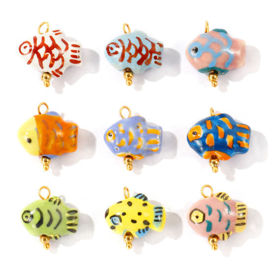 Imagen de 2 Unidades Respetuoso del Medio Ambiente 304 Acero Inoxidable & Cerámica Joyería del océano Colgantes Al Por Mayor Chapado en Oro de 18K Pez 3D 20mm x 19mm