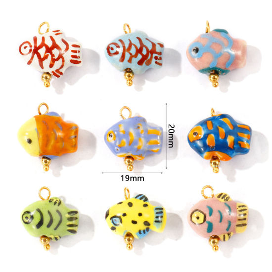 Imagen de 2 Unidades Respetuoso del Medio Ambiente 304 Acero Inoxidable & Cerámica Joyería del océano Colgantes Al Por Mayor Chapado en Oro de 18K Pez 3D 20mm x 19mm