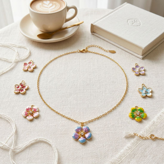 Immagine di 2 Pz Ottone Ciondoli All'Ingrosso Placcato Oro 18K Smalto Fiore Trasparente Cubic Zirconiae