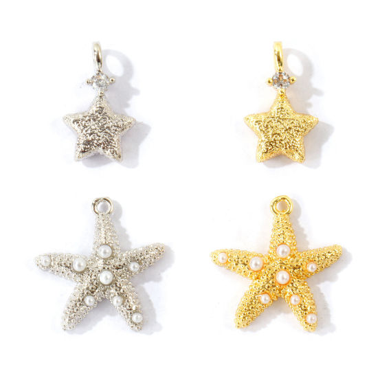 Imagen de 2 Unidades Latón Colgantes Al Por Mayor Estrellas de cinco puntos Estrella de Mar Acrílico Imitación de Perla Claro Circón Artificial