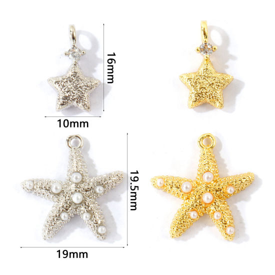Imagen de 2 Unidades Latón Colgantes Al Por Mayor Estrellas de cinco puntos Estrella de Mar Acrílico Imitación de Perla Claro Circón Artificial