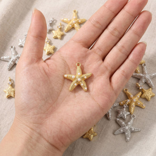Imagen de 2 Unidades Latón Colgantes Al Por Mayor Estrellas de cinco puntos Estrella de Mar Acrílico Imitación de Perla Claro Circón Artificial