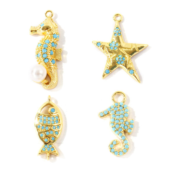 Picture of Brass Charms Wholesale 18K Gold Plated Micro Pave Blue Cubic Zirconia