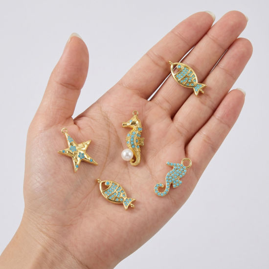 Picture of Brass Charms Wholesale 18K Gold Plated Micro Pave Blue Cubic Zirconia