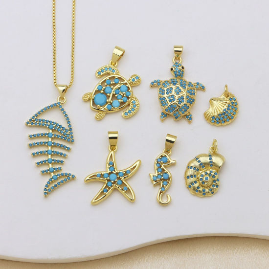 Picture of Brass Ocean Jewelry Charms Wholesale 18K Gold Plated Blue Cubic Zirconia