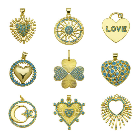 Picture of Brass Charm Pendant Wholesale 18K Gold Plated Heart Four Leaf Clover Blue Cubic Zirconia