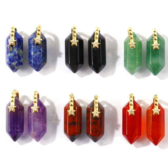 Bild von Umweltfreundlich Edelstein & Messing Geometrisch Charms Großhandel 18K Echtgold plattiert Sechseckiges Prisma Klar Zirkonia 23mm x 9mm