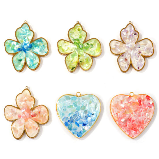 Picture of 1 Piece Eco-friendly PVD Waterproof Anti-Tarnish Hypoallergenic 304 Stainless Steel & Natural Shell Handmade Resin Jewelry Real Gravel Pendants Wholesale 18K Real Gold Plated Multicolor Flower Heart