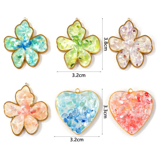 Picture of 1 Piece Eco-friendly PVD Waterproof Anti-Tarnish Hypoallergenic 304 Stainless Steel & Natural Shell Handmade Resin Jewelry Real Gravel Pendants Wholesale 18K Real Gold Plated Multicolor Flower Heart