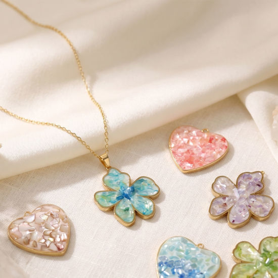 Picture of 1 Piece Eco-friendly PVD Waterproof Anti-Tarnish Hypoallergenic 304 Stainless Steel & Natural Shell Handmade Resin Jewelry Real Gravel Pendants Wholesale 18K Real Gold Plated Multicolor Flower Heart