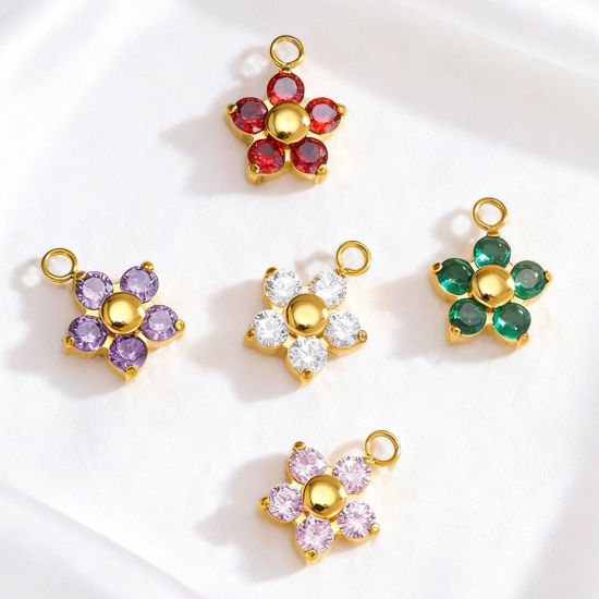 Bild von 304 Edelstahl Charms Großhandel Blumen Bunt Zirkonia 8.9mm x 8.9mm