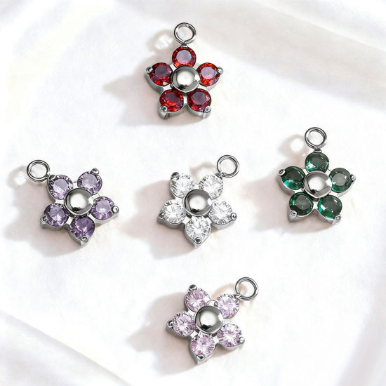 Bild von 304 Edelstahl Charms Großhandel Blumen Bunt Zirkonia 8.9mm x 8.9mm
