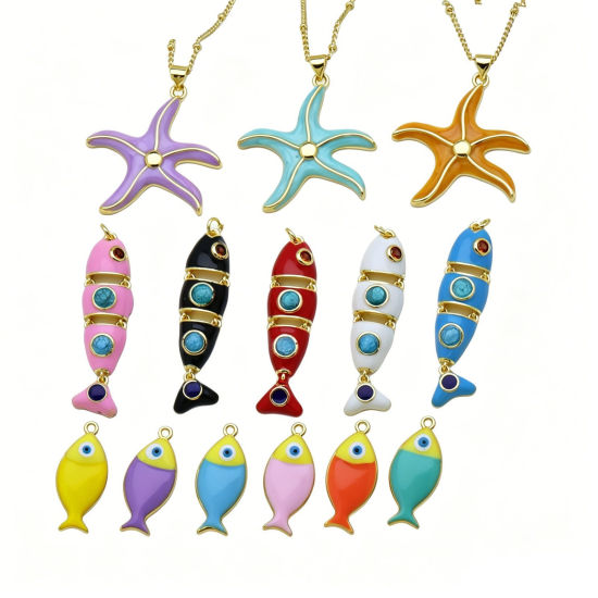 Bild von Messing Ozean Schmuck Charms Großhandel 18K Vergoldet Bunt Emaille Seesterne Fisch