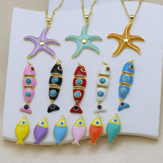 Bild von Messing Ozean Schmuck Charms Großhandel 18K Vergoldet Bunt Emaille Seesterne Fisch