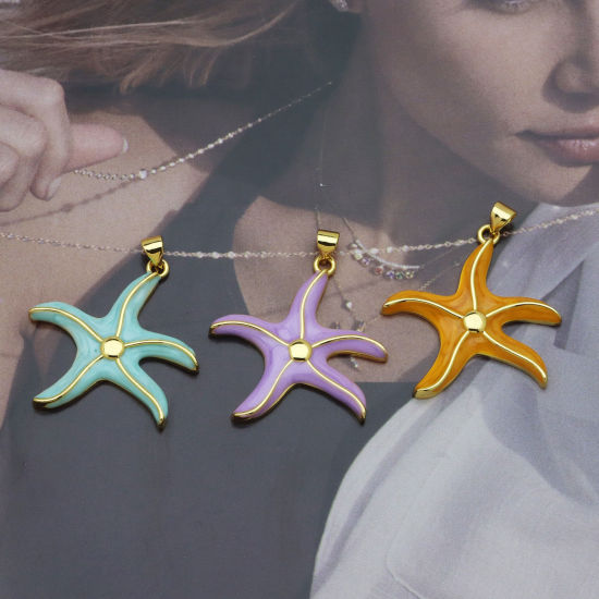 Bild von Messing Ozean Schmuck Charms Großhandel 18K Vergoldet Bunt Emaille Seesterne Fisch