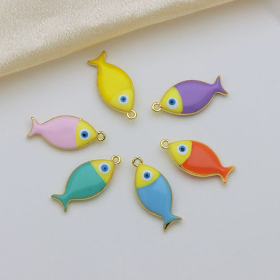 Bild von Messing Ozean Schmuck Charms Großhandel 18K Vergoldet Bunt Emaille Seesterne Fisch