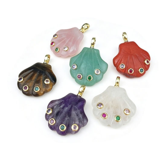 1 個 真鍮 & 天然石 海ジュエリー ペンダント 卸売り 18Kゴールドメッキ シェル 多色 ジルコン 3.8cm x 3cm、 の画像