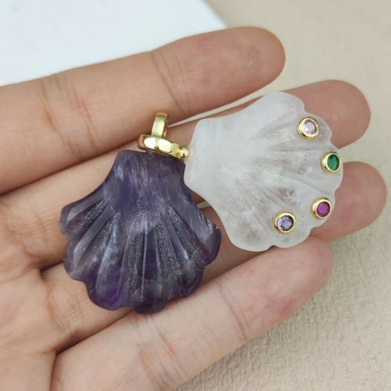 1 個 真鍮 & 天然石 海ジュエリー ペンダント 卸売り 18Kゴールドメッキ シェル 多色 ジルコン 3.8cm x 3cm、 の画像