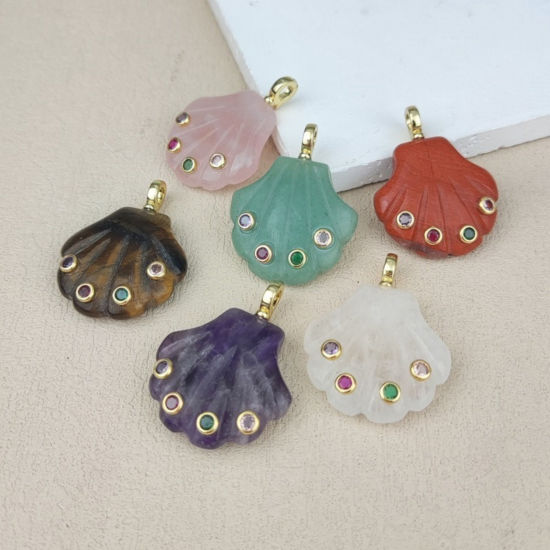 1 個 真鍮 & 天然石 海ジュエリー ペンダント 卸売り 18Kゴールドメッキ シェル 多色 ジルコン 3.8cm x 3cm、 の画像
