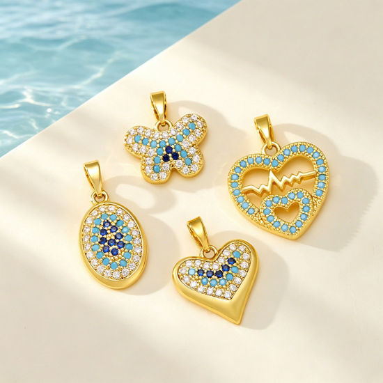 Image de 2 Pcs Pendentif Breloque En Gros en Laiton Plaqué Or 18K Micro Pave à Zircone Cubique Bleu