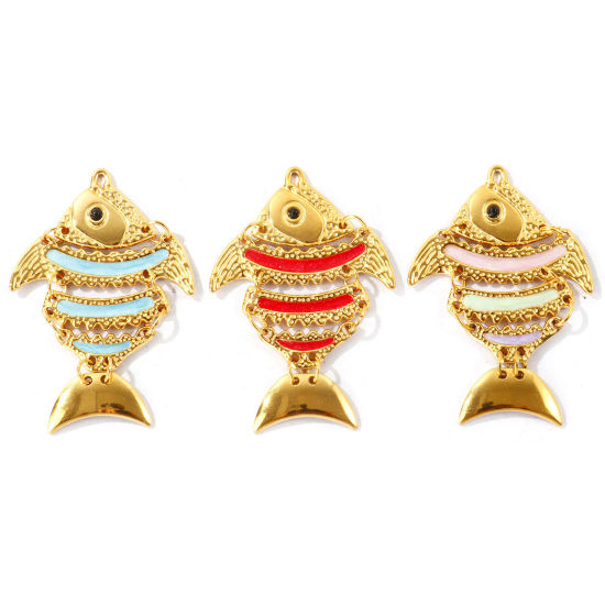 Bild von Umweltfreundliche PVD Wasserdicht Anlaufgeschützt Hypoallergen 304 Edelstahl Ozean Schmuck Anhänger Großhandel 18K Echtgold plattiert Emaille Fisch Beweglich 5.2cm x 3.4cm
