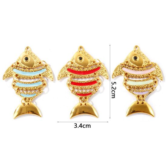 Bild von Umweltfreundliche PVD Wasserdicht Anlaufgeschützt Hypoallergen 304 Edelstahl Ozean Schmuck Anhänger Großhandel 18K Echtgold plattiert Emaille Fisch Beweglich 5.2cm x 3.4cm
