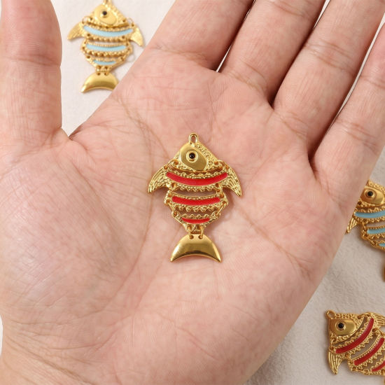 Bild von Umweltfreundliche PVD Wasserdicht Anlaufgeschützt Hypoallergen 304 Edelstahl Ozean Schmuck Anhänger Großhandel 18K Echtgold plattiert Emaille Fisch Beweglich 5.2cm x 3.4cm