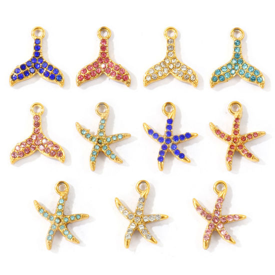 Bild von Umweltfreundliche PVD 304 Edelstahl Ozean Schmuck Charms Großhandel 18K Vergoldet Seesterne Fischschwanz Micro Pave Bunt Strass