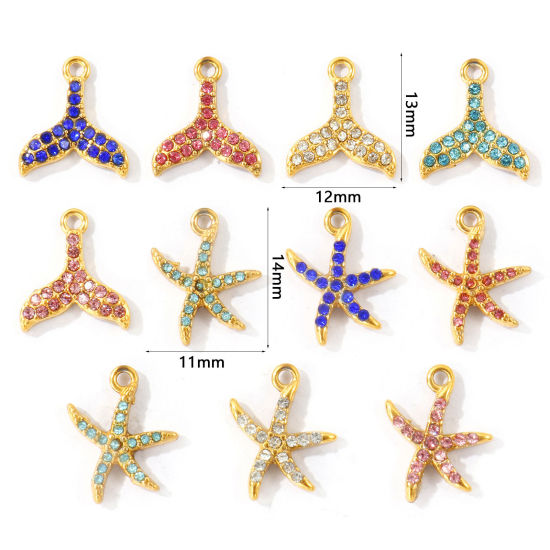 Bild von Umweltfreundliche PVD 304 Edelstahl Ozean Schmuck Charms Großhandel 18K Vergoldet Seesterne Fischschwanz Micro Pave Bunt Strass