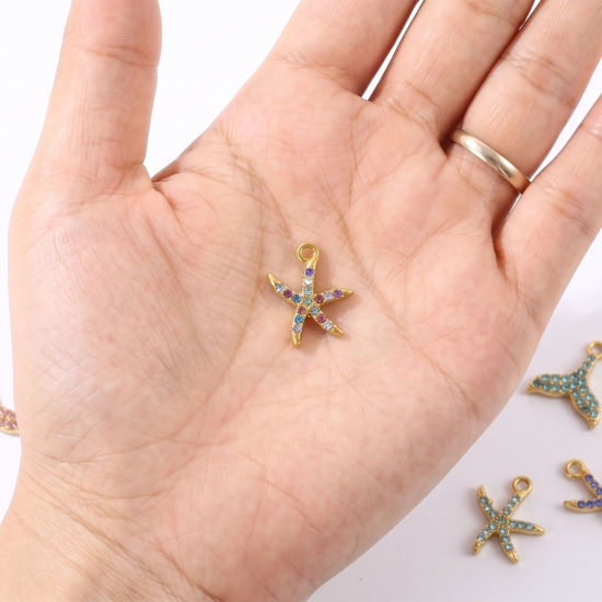 Bild von Umweltfreundliche PVD 304 Edelstahl Ozean Schmuck Charms Großhandel 18K Vergoldet Seesterne Fischschwanz Micro Pave Bunt Strass