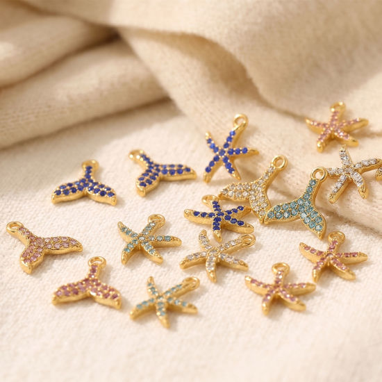 Bild von Umweltfreundliche PVD 304 Edelstahl Ozean Schmuck Charms Großhandel 18K Vergoldet Seesterne Fischschwanz Micro Pave Bunt Strass
