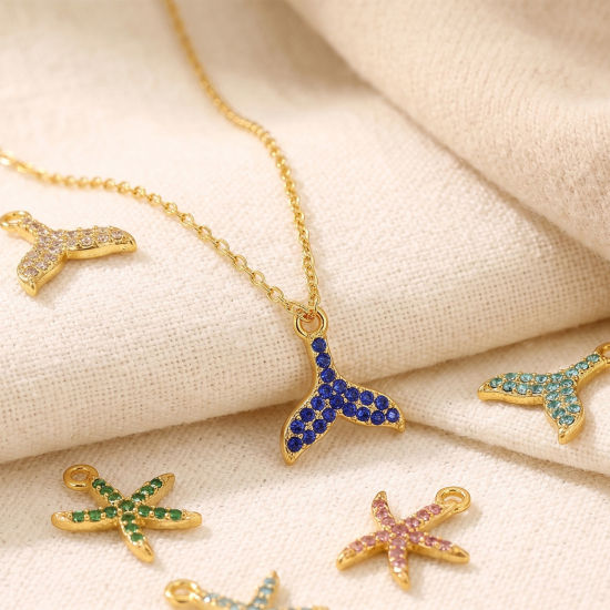 Bild von Umweltfreundliche PVD 304 Edelstahl Ozean Schmuck Charms Großhandel 18K Vergoldet Seesterne Fischschwanz Micro Pave Bunt Strass