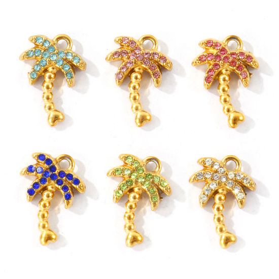 Bild von Umweltfreundliche PVD 304 Edelstahl Charms Großhandel 18K Vergoldet Kokospalme Micro Pave Bunt Strass 14mm x 10mm