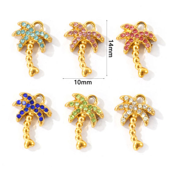 Bild von Umweltfreundliche PVD 304 Edelstahl Charms Großhandel 18K Vergoldet Kokospalme Micro Pave Bunt Strass 14mm x 10mm