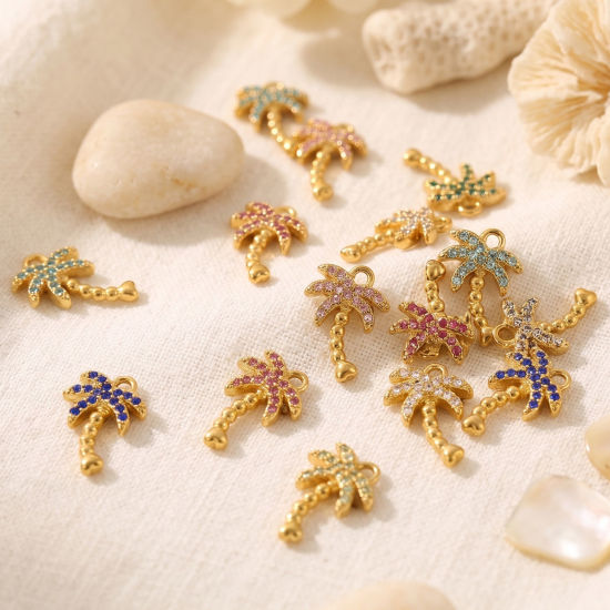 Bild von Umweltfreundliche PVD 304 Edelstahl Charms Großhandel 18K Vergoldet Kokospalme Micro Pave Bunt Strass 14mm x 10mm