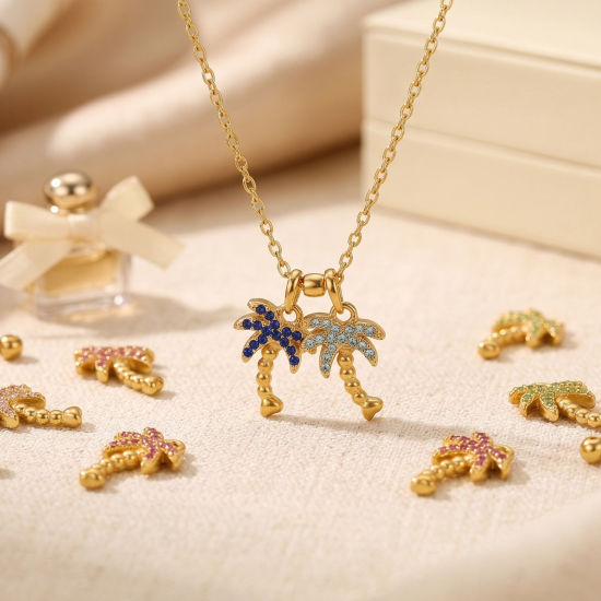 Bild von Umweltfreundliche PVD 304 Edelstahl Charms Großhandel 18K Vergoldet Kokospalme Micro Pave Bunt Strass 14mm x 10mm