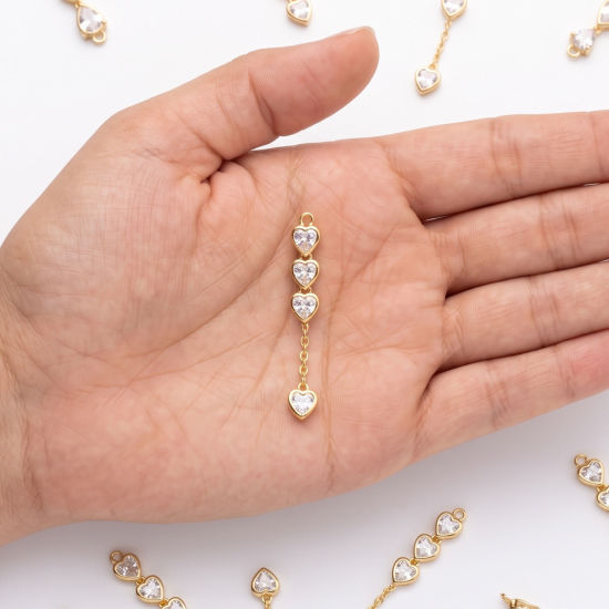 Picture of 2 PCs Eco-friendly Brass Connectors Charms Pendants Wholesale 18K Real Gold Plated Tassel Clear Cubic Zirconia