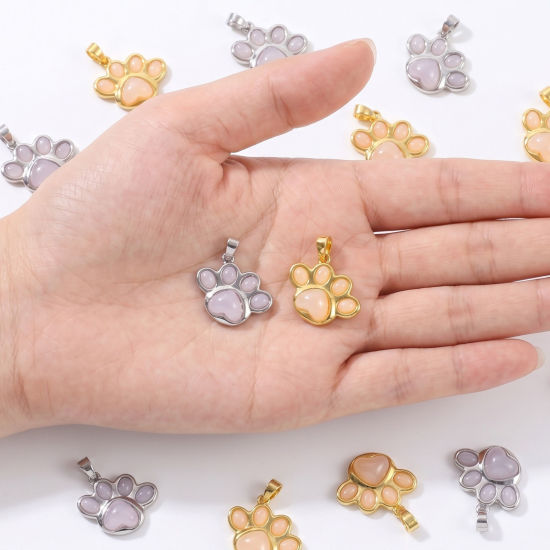 Picture of 2 PCs Brass Pet Memorial Charm Pendant Wholesale Light Pink Paw Print With Resin Cabochons 20mm x 18.5mm
