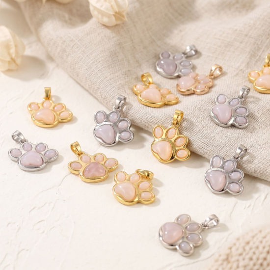 Picture of 2 PCs Brass Pet Memorial Charm Pendant Wholesale Light Pink Paw Print With Resin Cabochons 20mm x 18.5mm