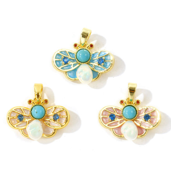 Picture of 2 PCs Brass Insect Charm Pendant Wholesale 18K Gold Plated Bee Animal With Resin Cabochons Imitation Turquoise 19mm x 19mm