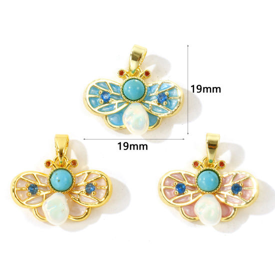 Picture of 2 PCs Brass Insect Charm Pendant Wholesale 18K Gold Plated Bee Animal With Resin Cabochons Imitation Turquoise 19mm x 19mm