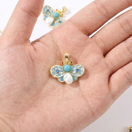 Picture of 2 PCs Brass Insect Charm Pendant Wholesale 18K Gold Plated Bee Animal With Resin Cabochons Imitation Turquoise 19mm x 19mm