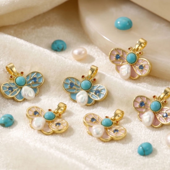 Picture of 2 PCs Brass Insect Charm Pendant Wholesale 18K Gold Plated Bee Animal With Resin Cabochons Imitation Turquoise 19mm x 19mm