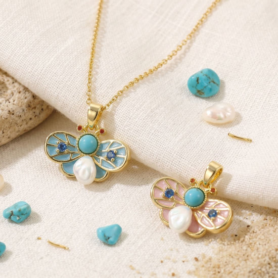 Picture of 2 PCs Brass Insect Charm Pendant Wholesale 18K Gold Plated Bee Animal With Resin Cabochons Imitation Turquoise 19mm x 19mm